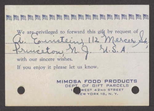 Albert Einstein stuurde voedselpakketten aan Afanassjewa, 28-03-1947
