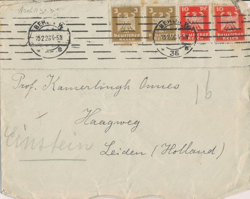 Envelop brief Albert Einstein aan weduwe Heike Kamerlingh Onnes, 25-02-1926