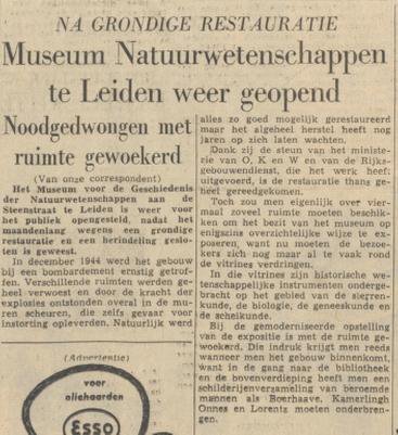 Krantenbericht uit Trouw 1947 over de heropening van het museum